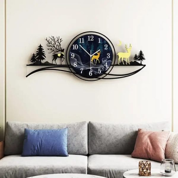 Forest Figure Deer 3d Wood Wall Clock Blue Jungle With Light Fancy Clocks For Bedroom And Drawing Room(with Light)